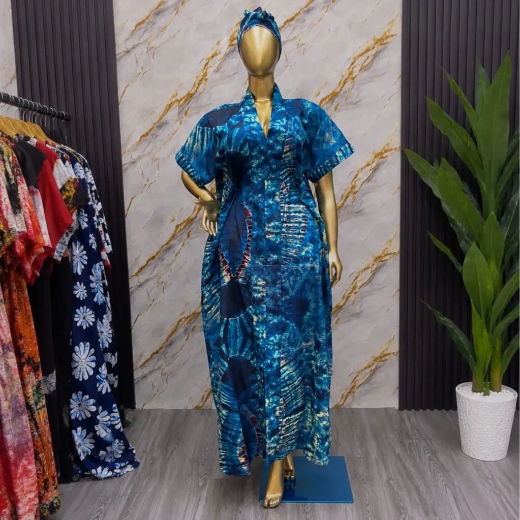 Women's Basic Casual Cute Ankara Boubou Dress - V-neck, Short-sleeve Puff Detail, A-line, Pull-on Fasten, Adjustable Inner Tie, African Style, Comfortable Fabric for Holiday Going Out, Shortsleeve, V-Neck Cut, Lady