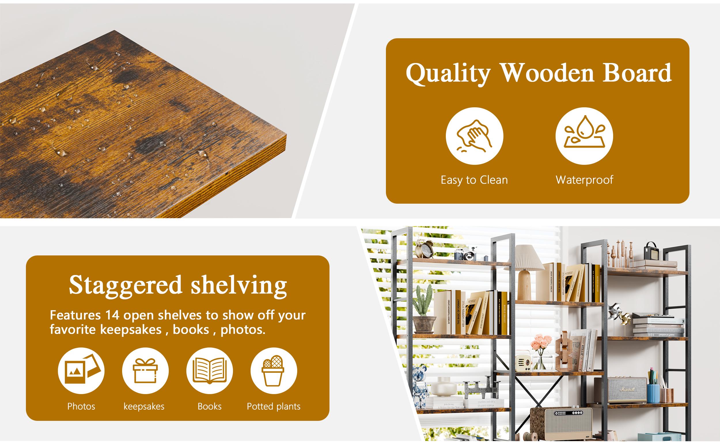 Walsunny 5-Tier Bookcase with 14 Shelves, Open Display Book Shelf with Metal Frame, Book Shelf for Home Office, Rustic,Freestanding Industrial Ladder