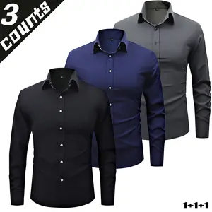 3-pack men’s solid-color long-sleeve shirts, light-adult Japanese commuter style, wrinkle-resistant fabric with a comfortable drape and skin-friendly feel, white contrast buttons paired with a classic lapel, slim fit that looks sharp and refined, availabl