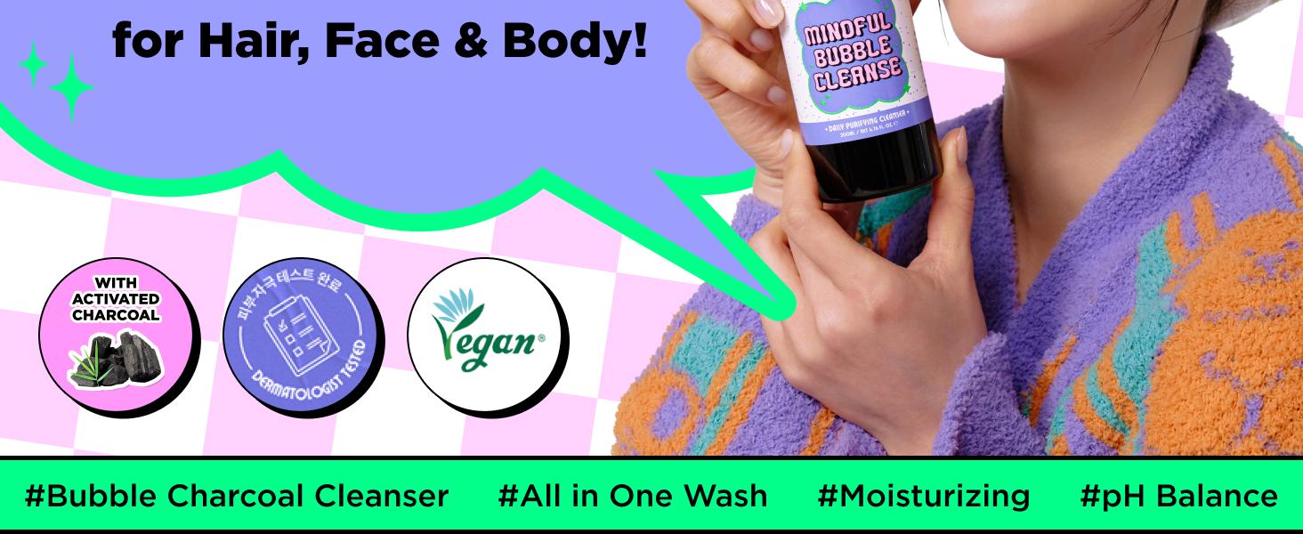 CHASIN' RABBITS Mindful Bubble Cleanse | Vegan All In One Face to Body Bubble Cleanser | Pore Purifying with Charcoal face wash for mens, For Oily Skin | 200mL/6.76 fl. oz