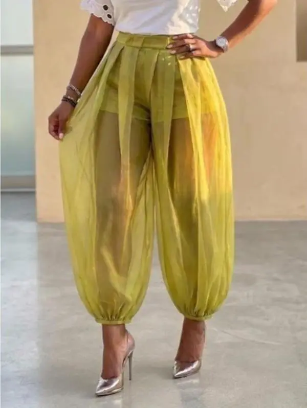 Women's Avocado Green Mesh Pleated Harem Pants High Waist Sheer Lantern Trousers for Casual Streetwear & Clubwear, Trendy Festival Outfits