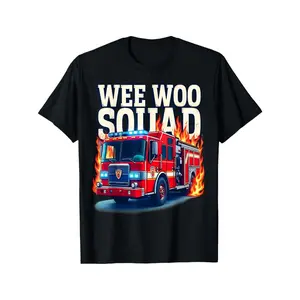 Wee Woo Squad Firefighter Fire Engine Graphic Boys' T-Shirt - Black Cotton Crew Neck Short Sleeve Tee with Bold Red Fire Truck Design, Comfortable & Breathable Casual Top for Youngsters, Perfect Gift for Fire Truck Enthusiasts, Youngsters Casual Wear