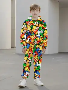 Boys Spring & Fall Sports Set, Colorful Lego Bricks Hoodie Two-Piece Set, Casual Fitted Kids Clothing, Fun Playwear for Ages 7-12, Hoodies