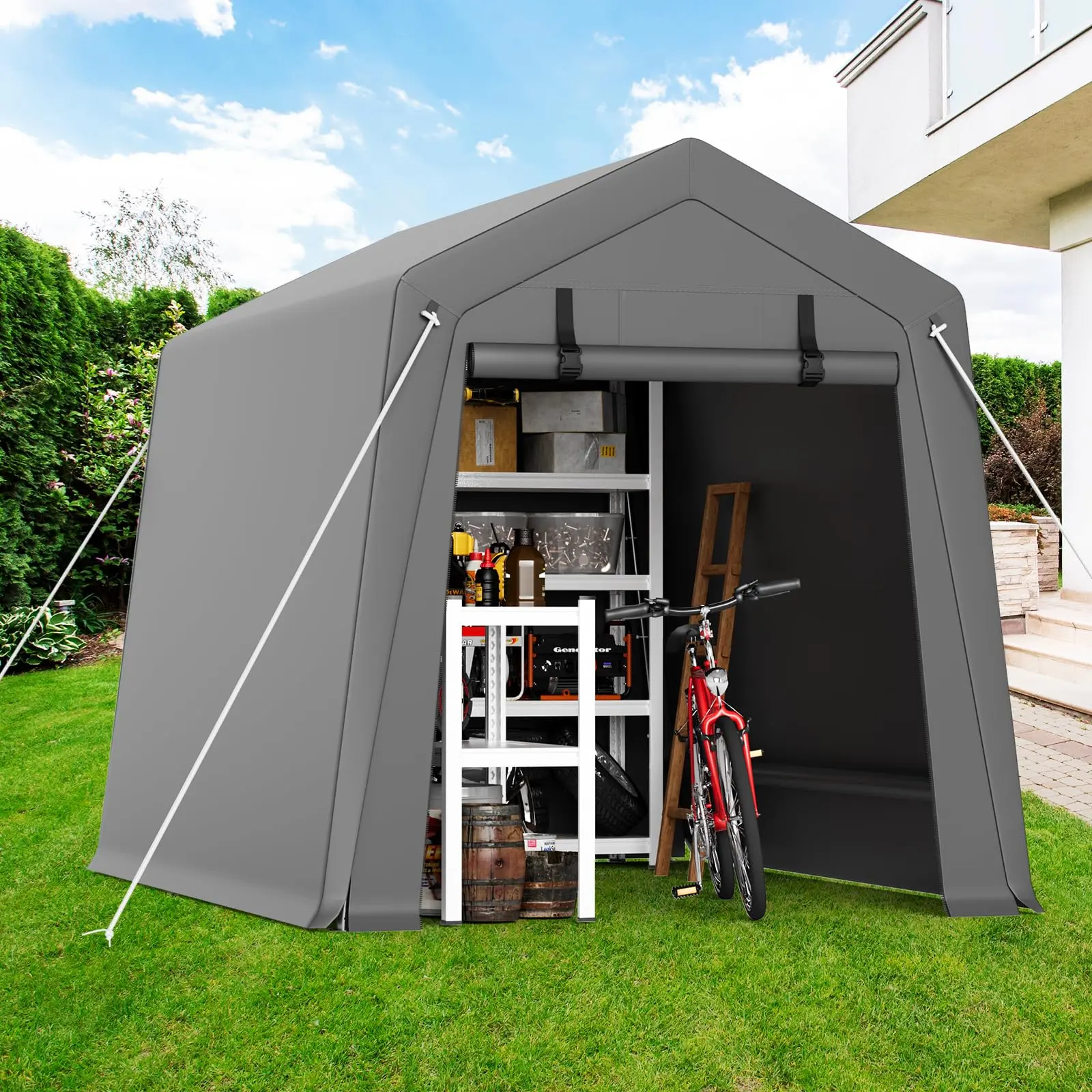 [GAOMON] Portable Outdoor Carport Storage Shed, 6' x 8' Waterproof UV-Resistant Sun Protection Motorcycle Tent with Roll-Up Zipper Doors, Gray Shelter for Bikes & Tools