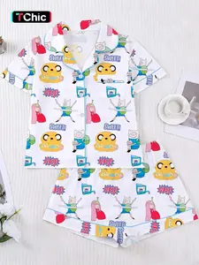 Adventure Time Cartoon Print Short Sleeve Shorts Pajama Set for Women, Loungewear, Nightwear, Soft Button-Up Top and Loose Elastic Pants, Casual Home Wear, Homewear