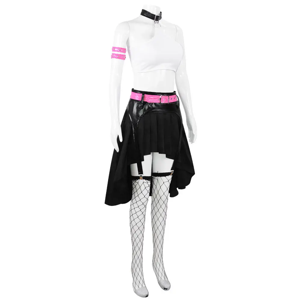 Nami White Crop Top Black Pleated Skirt Cosplay Costume Set with Tricorn Hat Gloves Arm Bands Fishnet Stockings for Comic Con