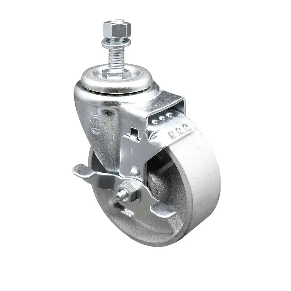 Service Caster SCC-TS20S414-SSS-TLB-121315 Rugged Semi-Steel Cast Iron Swivel Threaded Stem Caster, 4 x 1.25 in. Silver Metal Wheel, 0.5 in. Stem, Top Locking Brake, 300 lbs Capacity, Bolt Hole Compatible, Cost-Effective for Material Handling, Shop Carts