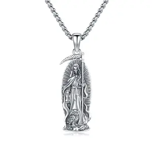 Brighthive La Santa Muerte necklace, 925 sterling silver Grim Reaper pendant, Santa Muerte folk amulet, skull Day of the Dead jewelry gift