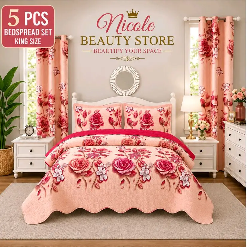 5-Piece King Size Bedspread Set with Matching Curtains – Luxury Floral Bedroom Collection
