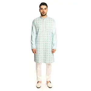 Blue mirror thread work embroidered kurta set