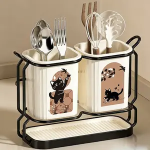 1Pc Kitchen Knife Utensil Storage Rack, Dual Bucket Design, 2 In 1 Wall & Countertop Mount Organizer With Detachable Drip Tray, Cute Cat Pattern, Durable Holder For Chopsticks Spoons Forks Cooking Tools