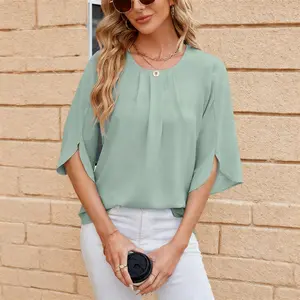Women'S Summer Fashion Versatile Round Neck Solid Color Chiffon Shirt Pleated Top Loose Comfortable Casual Vacation Shirt