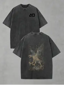 AOPLUS Original Mechanical Eagle T-Shirt - Relaxed Fit Vintage Washed Black Cyberpunk Streetwear Tee