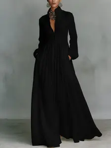2026 Summer New Long Dress with Pockets, Waist Cinch Design, Fashionable Chic Stand Collar Deep V Neck, Elegant Women's Dress