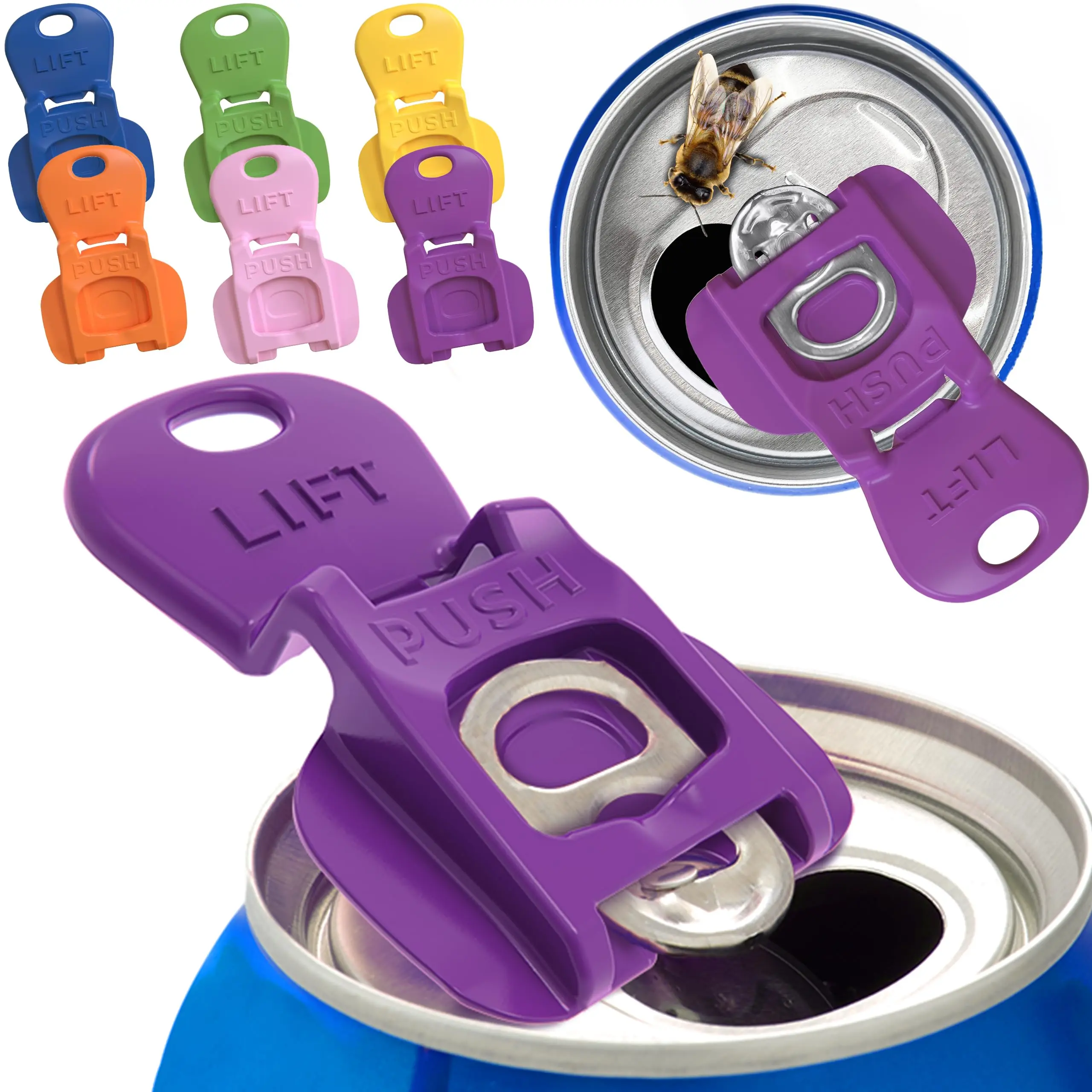 6PK New & Improved Beverage Barricade 2.0 Easy Tab Opener Complete Cover Lid - Colorful Plastic & Aluminum Drink Can Protector for Soda, Beer, Coke - Shields From Bugs, Dust at Outdoor Party, Kitchen Use
