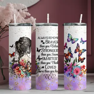 20oz stainless steel water bottle with straw, Woman's back with flowers and butterflies surrounding inspirational text pattern skinny tumbler, suitable for fitness, travel, driving, and daily use at home. A great gift for family and friends | 1pc
