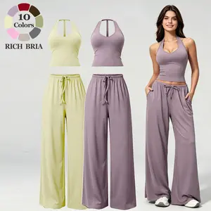 RICH BRIA Womens 2-Piece Casual Set, Built-in Bra Paded Halter Tank Top, High-Waist Wide Leg Pants Flowy Drape Loungewear Set Loose Fit Sports Sets Comfortable Breathable Activewear Sporty All-Season Athleisure Set