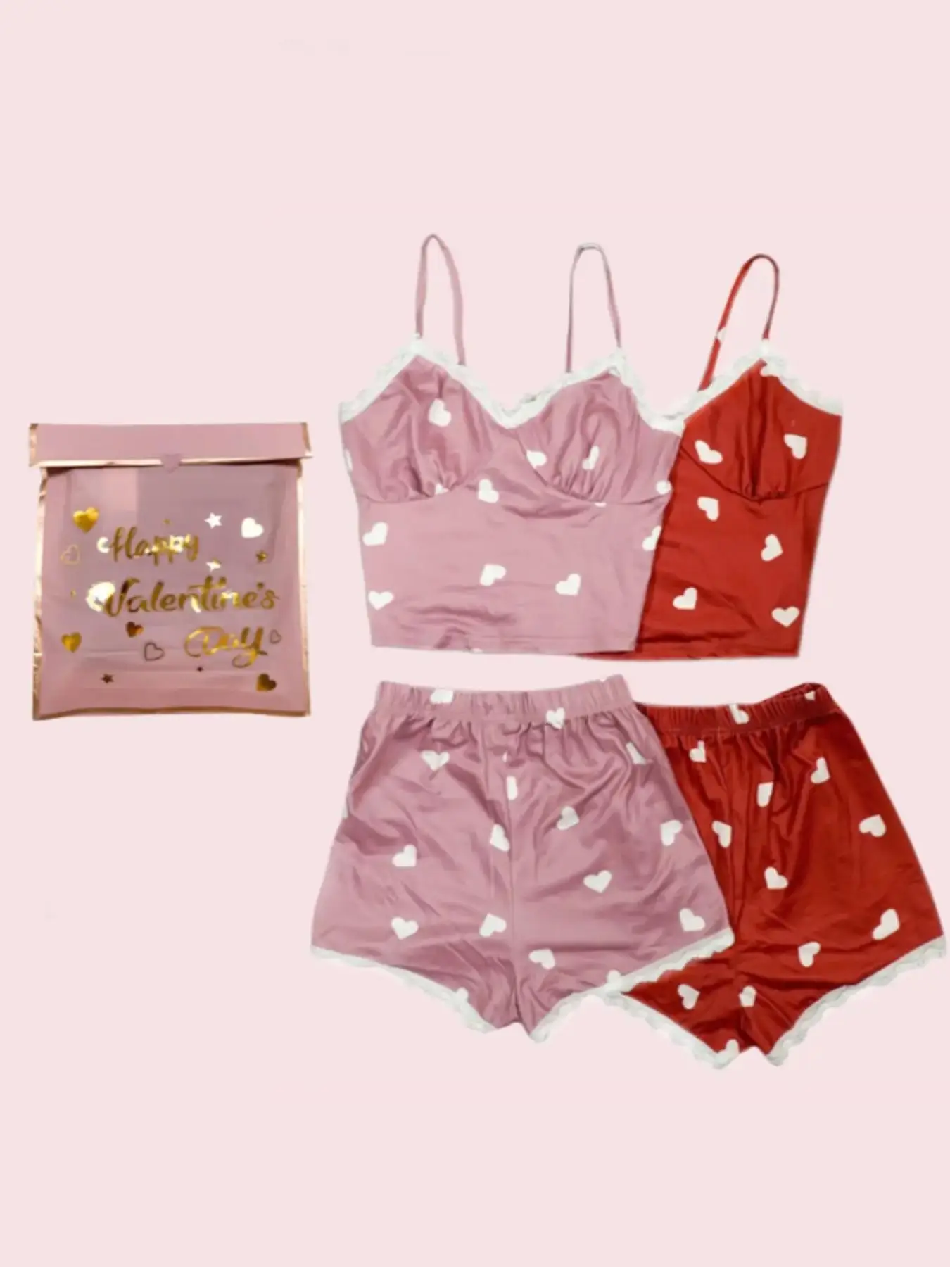 Women's Heart Print Pyjama Set, Summer Clothes Women, Contrast Lace Cami Top & Elastic Waist Shorts PJ Set, Lady Sleepwear & Loungewear for Summer Val