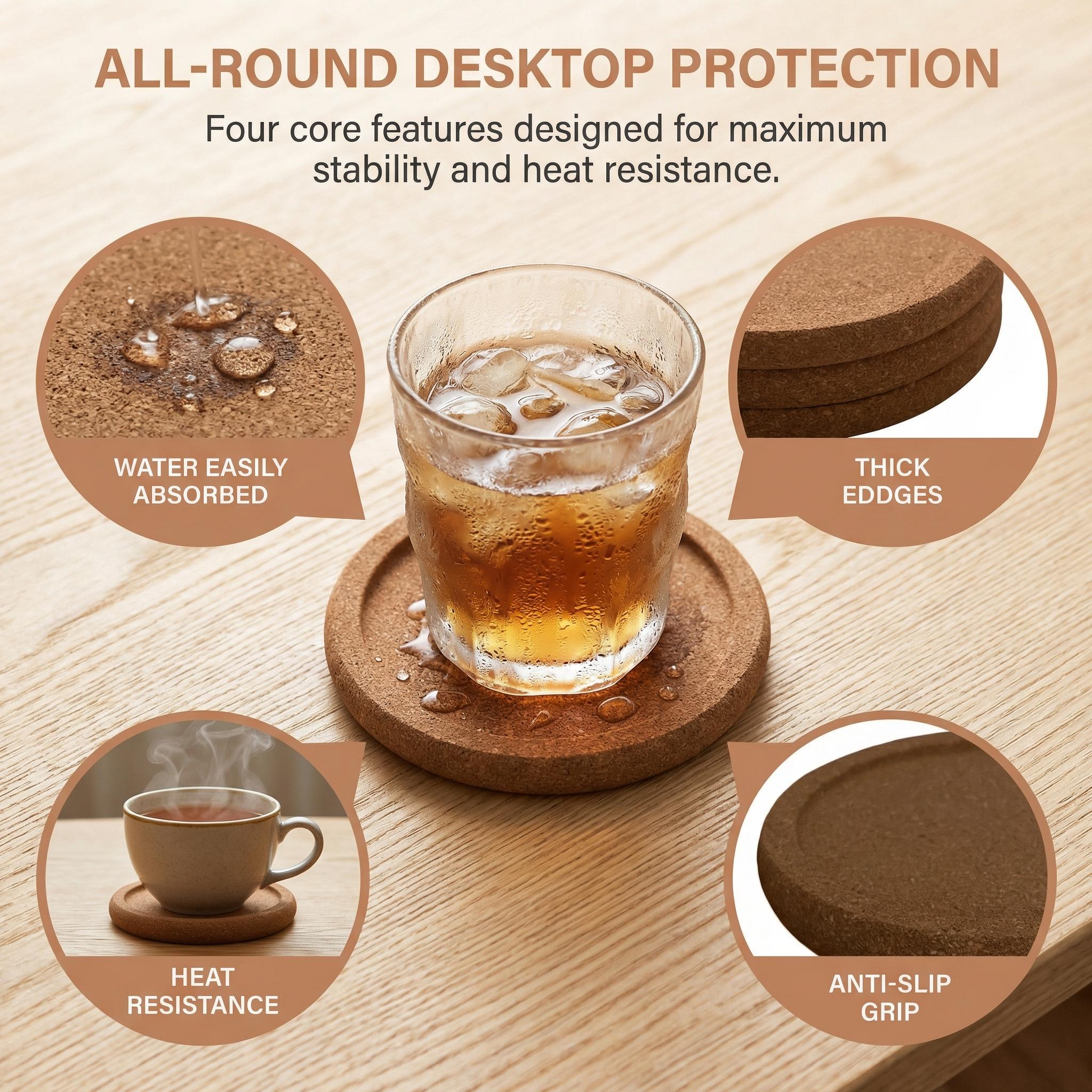 4-Piece Natural Cork Round Kitchen Coasters, Classic Tableware - Non-Slip, Heat-Insulated, Plain Finish, Rustic Look, Eco-Friendly Durable Construction, Coffee Table Mats for Dining & Outdoor Use