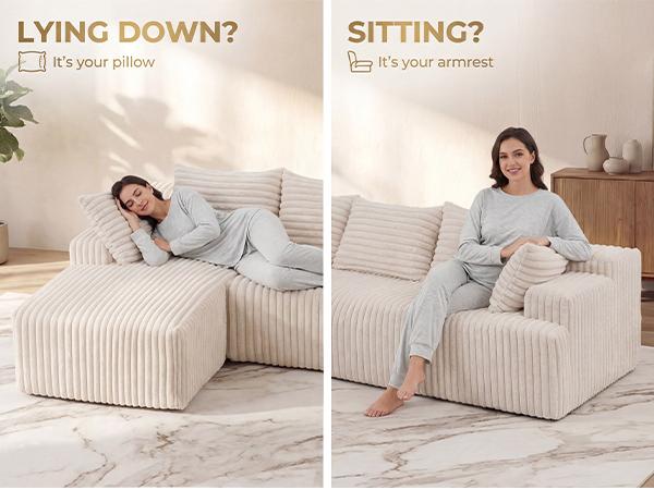 【FELIZPACE】 Cloud Couch, Upholstered Cloud Sofa Sectional Couch with L Shape Chaise, Fluffy Comfy Boneless Couch with Deep Seat & Throw Pillows, Cloud Couches for Living Room, No Assembly Required, Boneless sectional couch, Beige, Blue, Black