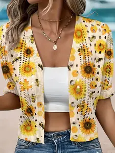 Women's Sunflower Geometric Puzzle Floral Bee Print Short Sleeve Button Knit Cardigan, Casual Elegant Vacation Style Sweater
