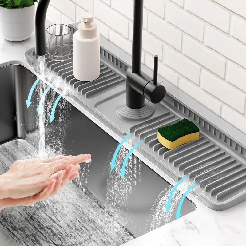 24-in Thick Silicone Sink Faucet Mat, Stain-Resistant Splash Protector with 7° Slope Draining Design & Tight Seal Snap, Waterproof Organizer Tray for Kitchen Counter, Anti-Splash Kitchen Fixture Accessories, Household