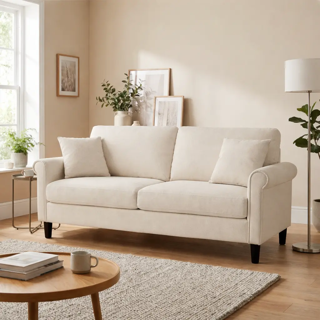 Modern Linen accent chair & couch set, armchair/loveseat/3-seater sofa with pocket springs, reading chair couch for living room/office, beige white/classic grey