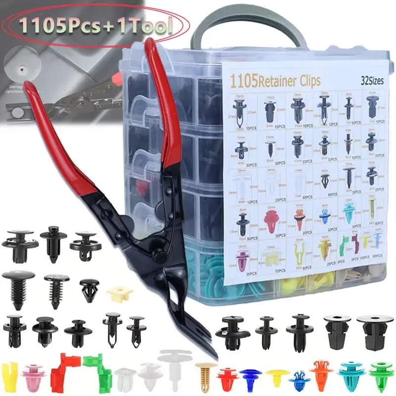 1105 pieces of car buckles and 1 pliers tool -32 commonly used sizes of car fixing clips, door panel rivets - bumper door trim panel maintenance fixing parts, suitable for most car models of car fixing clips