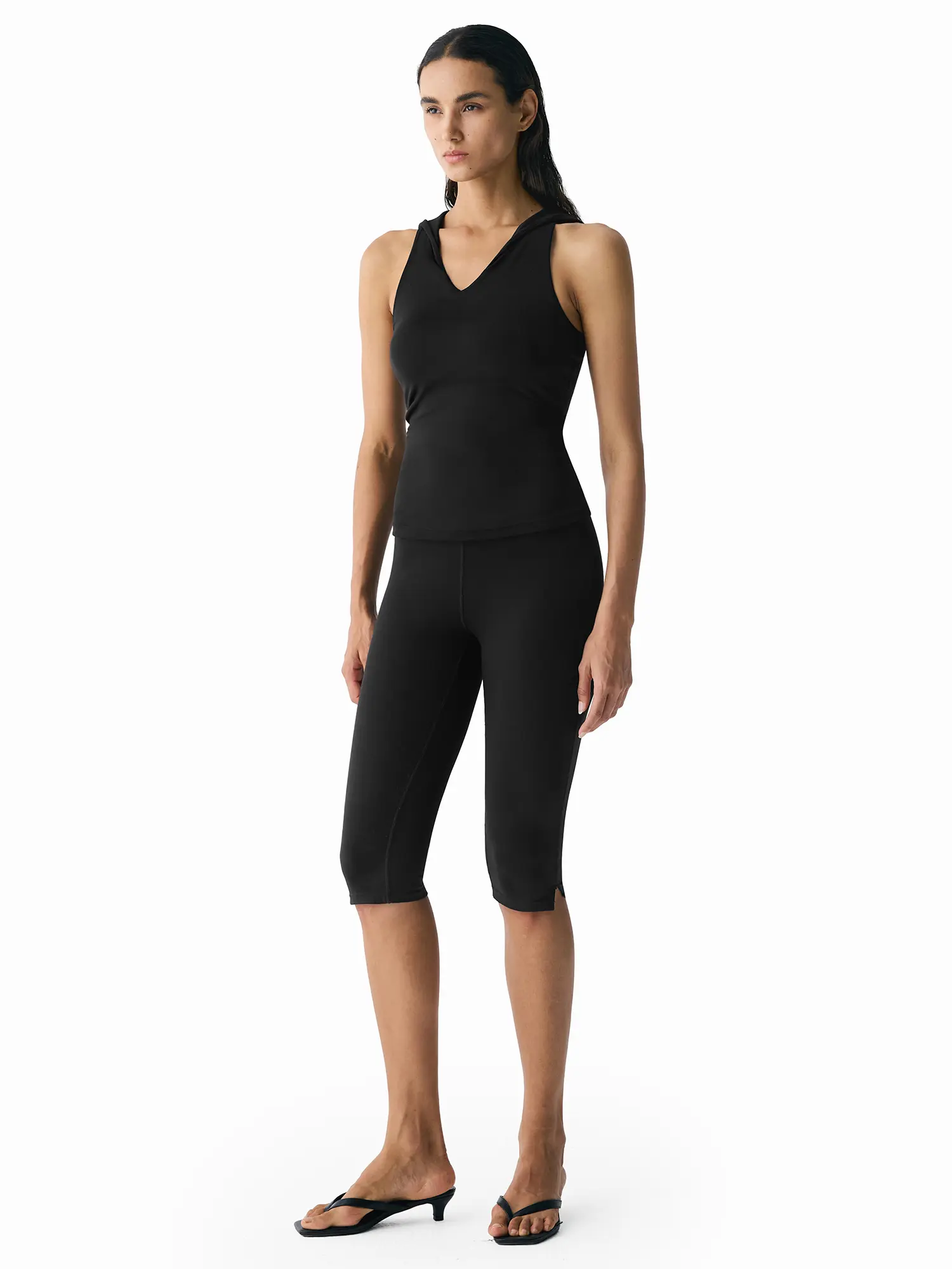 FDR X AOSSIO Women's Sleeveless Hooded V-Neck Yoga Tank Top & Capri Leggings Two Piece Matching Workout Set Activewear athletic