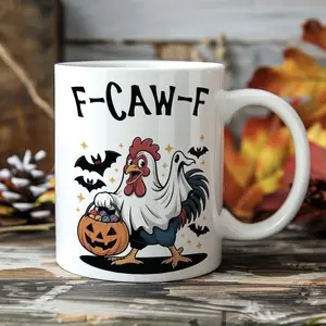 BNB – F-CAW-F Chicken Grunge Ceramic Mug 11oz/15oz, Funny Halloween Dark Humor Rooster Coffee Cup Gift for Besties Coworker Colleague Workmates on Birthday Halloween Christmas, Hilarious Office or Home Office Drinkware Reusable And Washable Coffee Cup