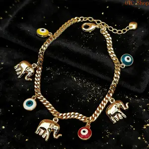 Gold Devil's Eye Bracelet with Baby Elephant Pendant – Adjustable Length Stylish Wrist Accessory, Unique Spiritual Design, Perfect for Daily Wear, Parties & Meaningful Gift for Her summerwins