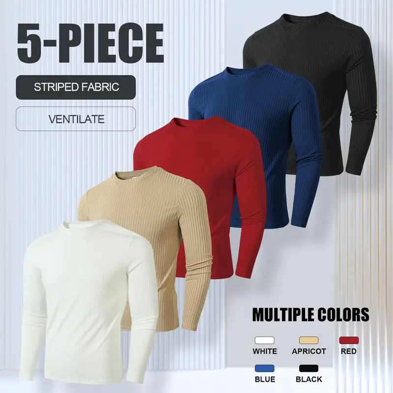 Men's 5-Piece Knit Plain Layering Base Thermal Tops Assortment Set - Cozy Round Neck, Long Sleeves, Easy Casual Everyday Style, Keep Warm for Cooler Days, Reduces Shirt Layering, Knit Men's Thermal Tops, Plain Men's Thermal Tops,outdoorfun