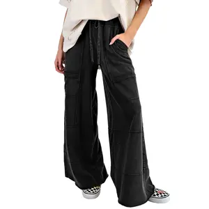 Women's Cargo Pants with Exposed Seams, Wide-Leg Drawstring Joggers, High Waist  Cargo Sweatpants,Winteroutfit
