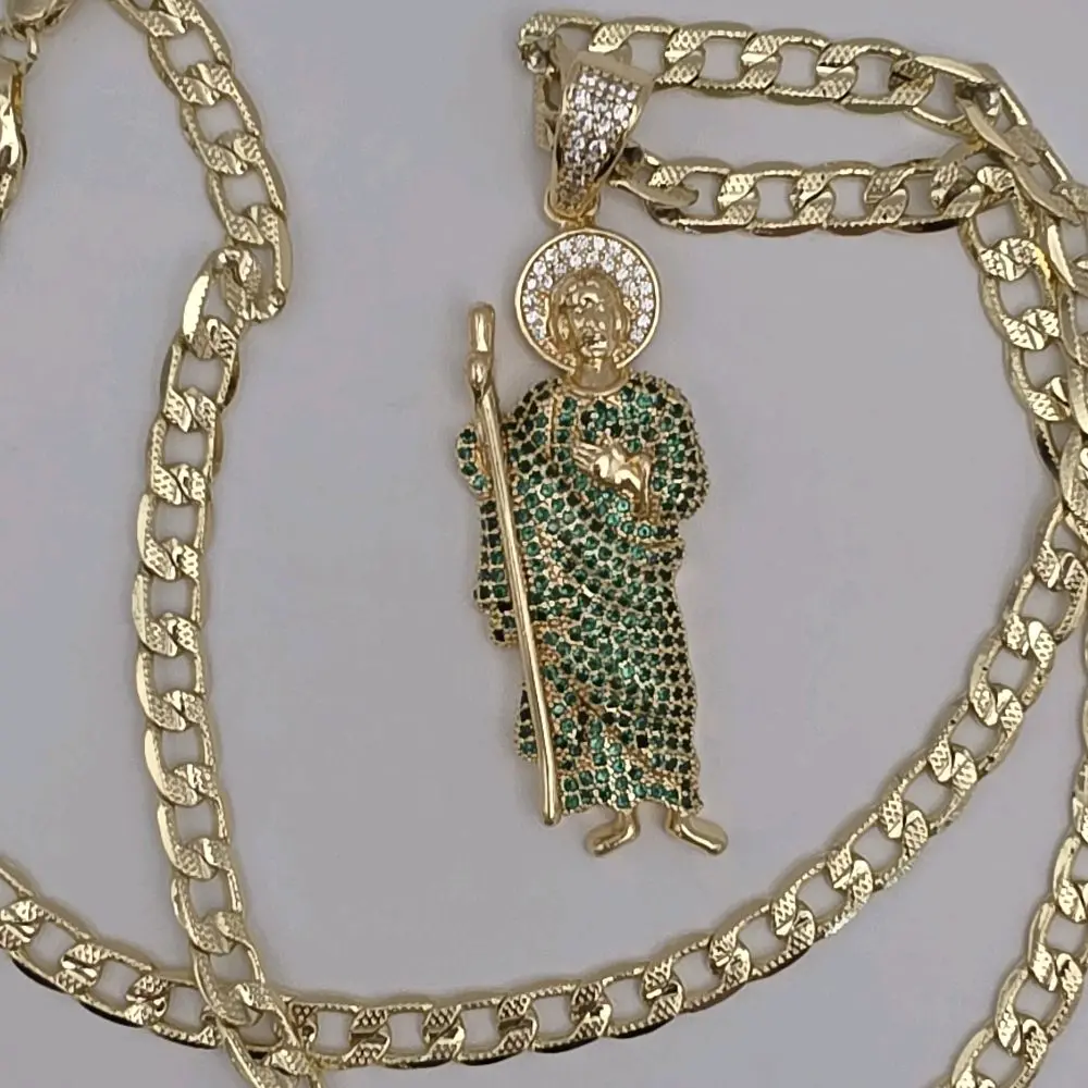 SAINT JUDE RELIGIOUS necklace Cuban link style gold-plated 24"inches green clear store's