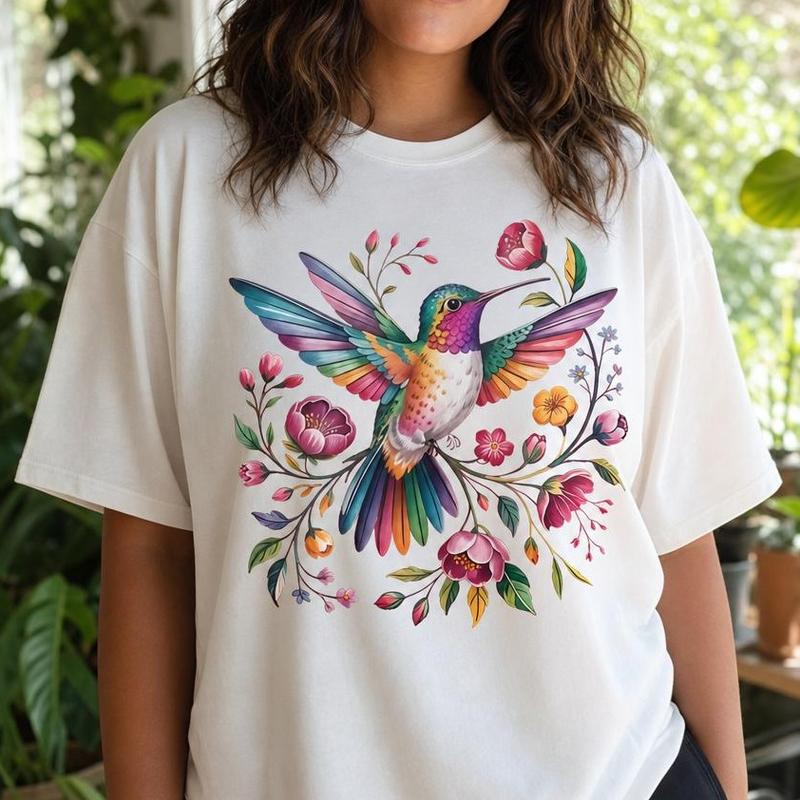 Women's Plus Size 100% Cotton Crew Neck Floral Hummingbird Botanical Graphic Breathable Tee, Casual Wear Drop Shoulder T-Shirt Top