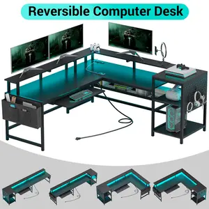 SEDETA L-Shaped Game Table Reversible Home Office Desk with Power Outlet and LED Lights with Monitor Stand Large Space Study Table Easy to Assemble