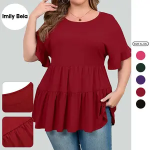 Imily Bela 【1XL-5XL】Women's Plus Size Ruffle Tunic Tops Summer Short Sleeve Loose T-Shirt Blouses