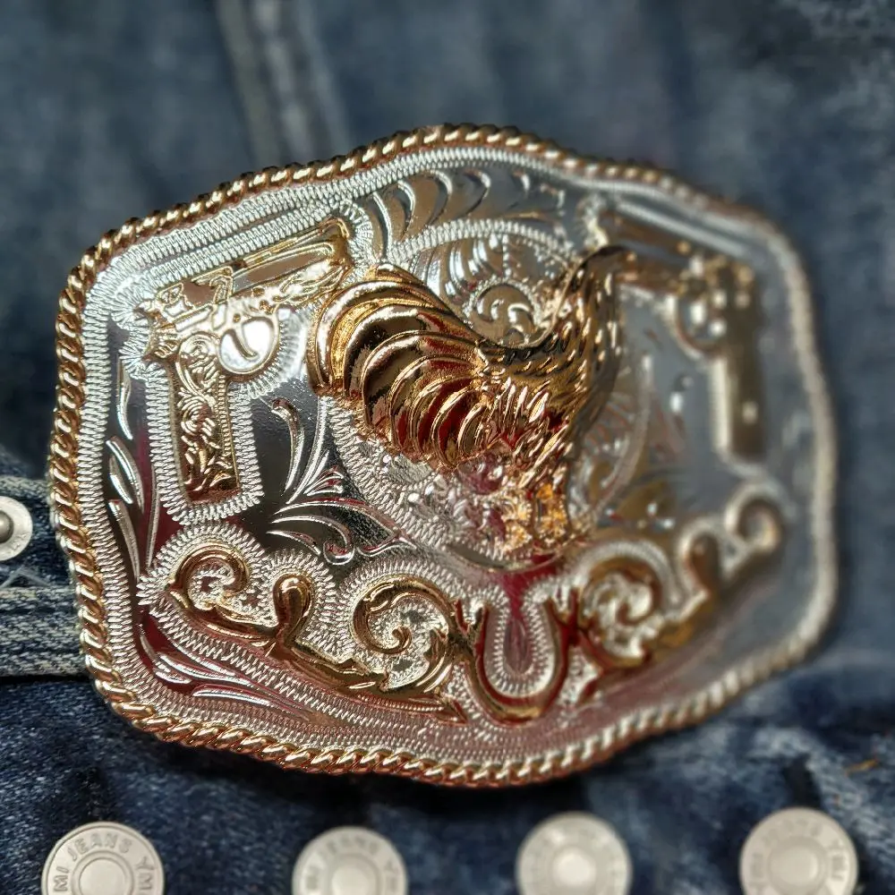 Rooster Belt Buckle Faux Mexican Peso Design rose tone  with Central Emblem, Rectangular Style, and Decorative Elements, Unisex, Metal, 4.5 x 3.5 Inches