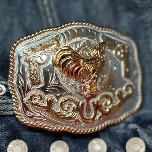 Rooster Belt Buckle Faux Mexican Peso Design rose tone  with Central Emblem, Rectangular Style, and Decorative Elements, Unisex, Metal, 4.5 x 3.5 Inches