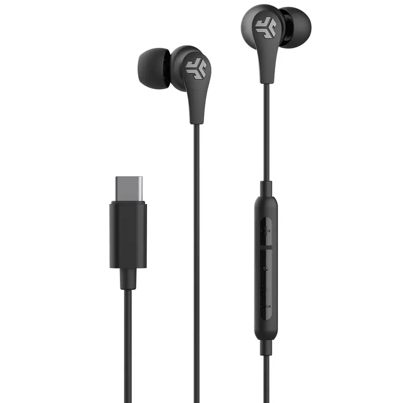 JLab JBuds Pro USB-C Wired Earbuds, iOS/Android, 10mm Sound Drivers, Silicone Gel Tips, Cush Fins, Black, Premium Audio, Electronic Headphone