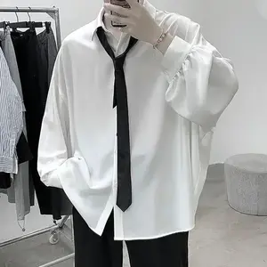 Korean Style Men's Long-sleeved Shirts Black Tie Cozy Casual Solid Oversize Blouses Breathable Loose Shirt Harajuku Male Clothes