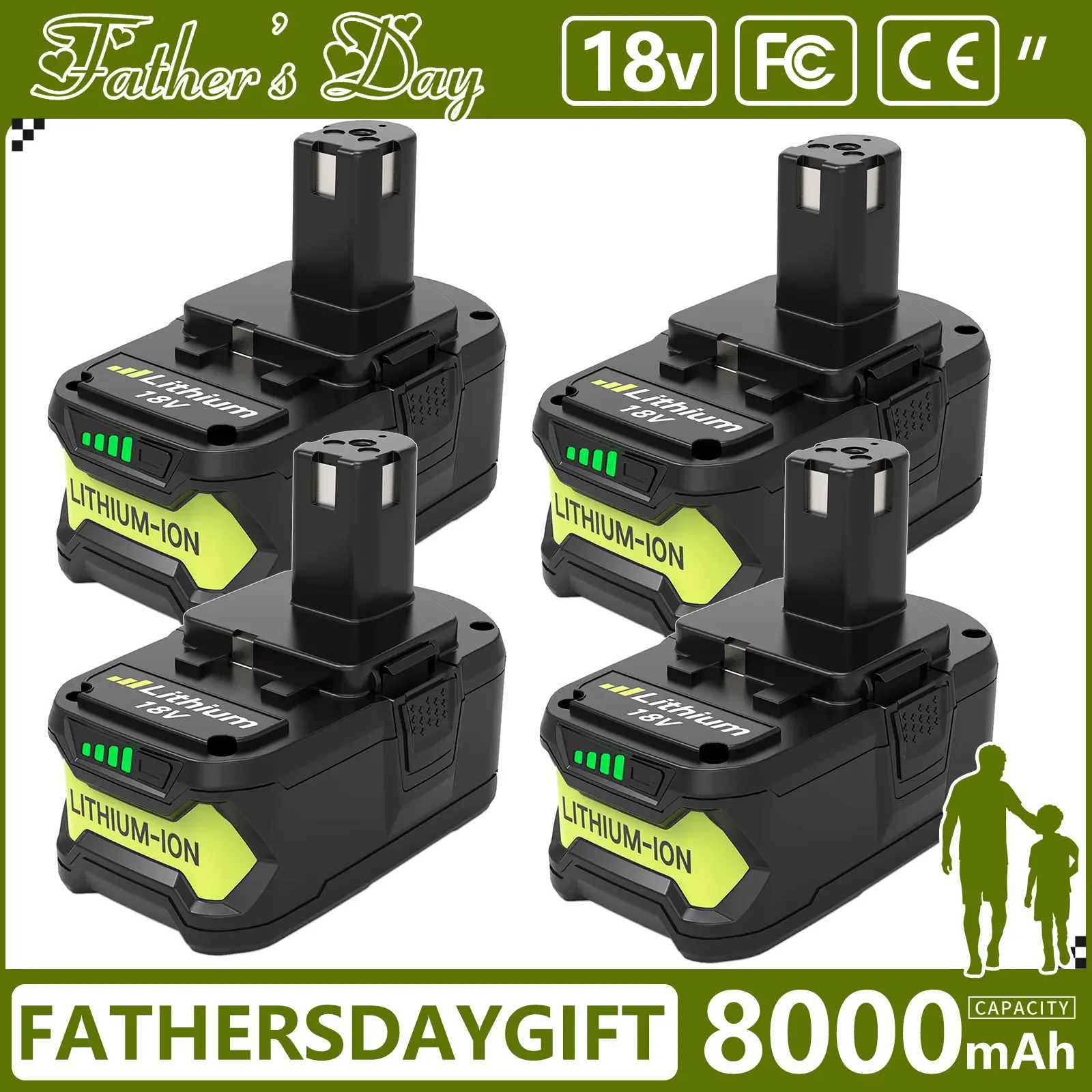 4-Pack Ryobi 18V 8000mAh High Capacity Li-Ion Replacement Battery, Fast Charge for P108 Series Cordless Tools 4-Pack Ryobi 18V 8000mAh High Capacity Li-Ion Replacement Battery, Fast Charge for P108 Series Cordless Tools