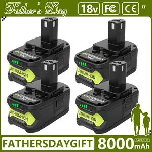 #fathersdaygift 4-Pack Ryobi 18V 8000mAh High Capacity Li-Ion Replacement Battery, Fast Charge for P108 Series Cordless Tools