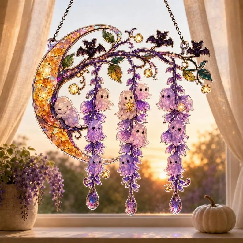 Ghost Wisteria Suncatcher, Halloween Acrylic Window Hanging, Faux Stained Glass Moon and Bat Decor, Cute Spooky Fall Gift