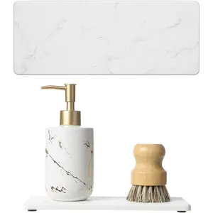 2PCS Water Absorbing Stone Drying Tray for Kitchen Counter & Bathroom Sink, Diatomite Faucet Splash Guard, Soap Dispenser Rack & Sponge Holder Caddy Organizer, Marble White Printed Pattern, 9"x 3.5"