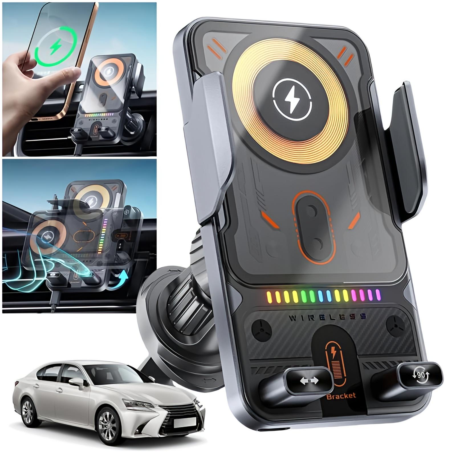 15W Wireless Car Charger Phone Holder, Auto-Clamping Air Vent Mount with 90° Rotation, Compatible with iPhone and Android Smartphones