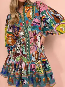 Vintage Floral Print Pleated Dress with Ruffled Hem, Waist-Tied Design, Elegant Round Neck for Summer & Spring Fashion Women