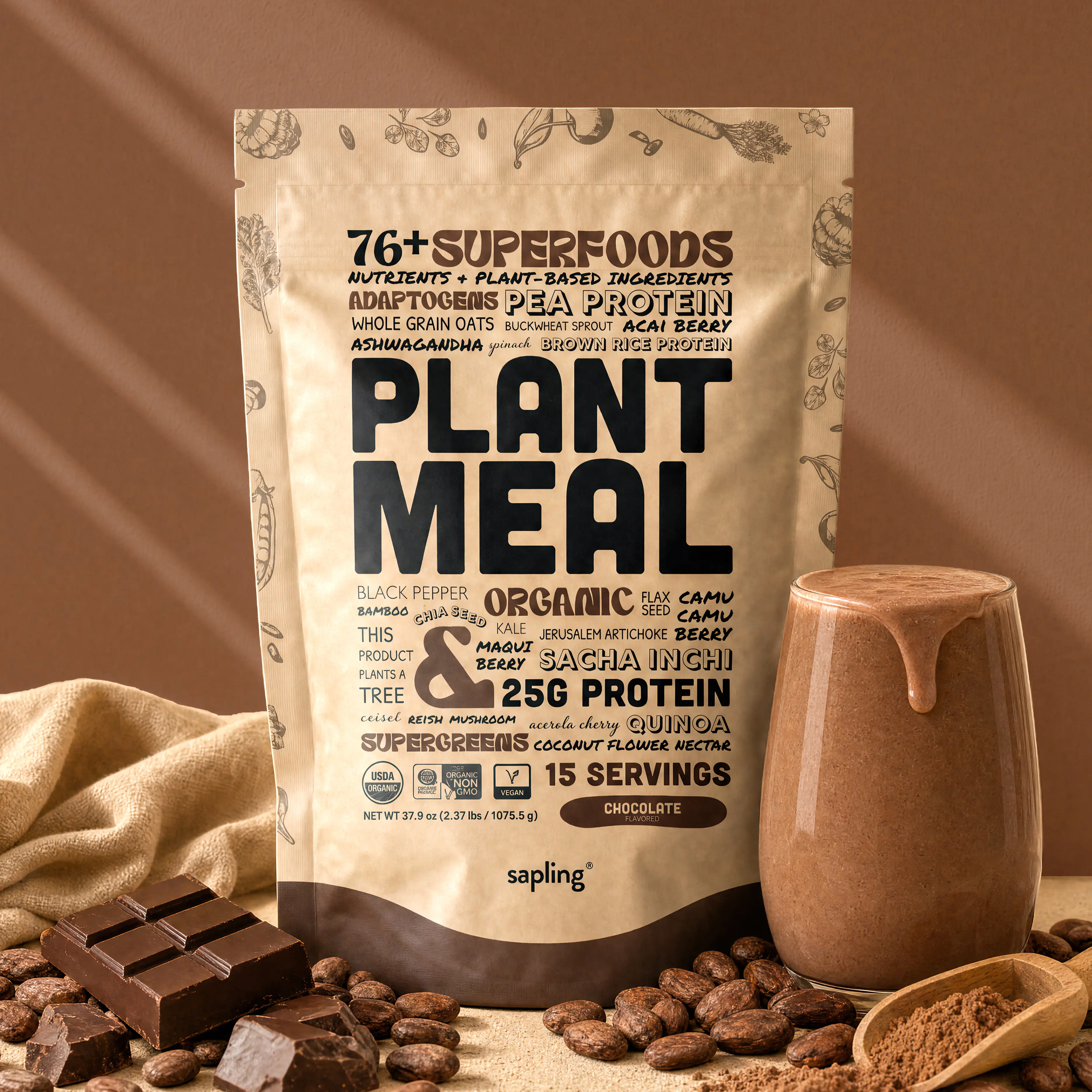 Daily Superfood Blend - Plant Meal - 25g of Plant Based Protein, 76+ Organic Superfoods, Nutrients, Adaptogens, Super Greens, Superfruits - Organic, Vegan, Non-GMO, Gluten Free