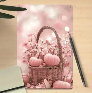 Charming Pink Pumpkin Basket Iron Sign Perfect for Fall Thanksgiving and Valentine's Day Decor with Soft Pastel Tones and Floral Touches