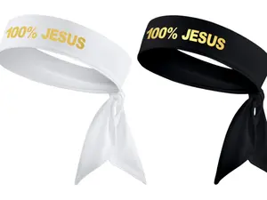 2 Pack: 100% Jesus Headband - 100 Percent Jesus Sports Head Tie Headband Soccer Fútbol Football White Black Gold Athletics Fitness Stretch Sweatband Ninja Tie Bandana - B3 U ATHLETICS
